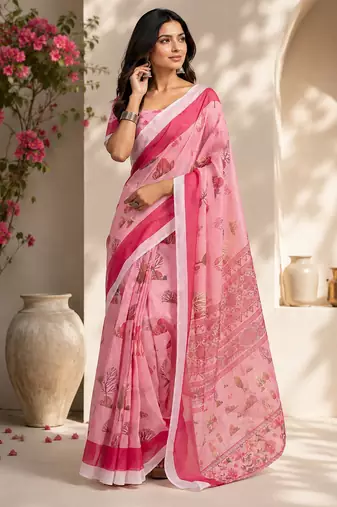 baby pink chanderi cotton floral printed ready to wear saree
