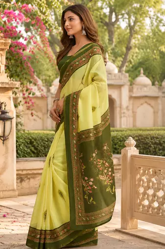 lemon green chanderi cotton motifs printed pre-stitched saree