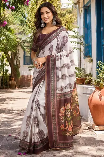 off white chanderi cotton floral jaal printed pre draped saree