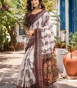 off white chanderi cotton floral jaal printed pre draped saree
