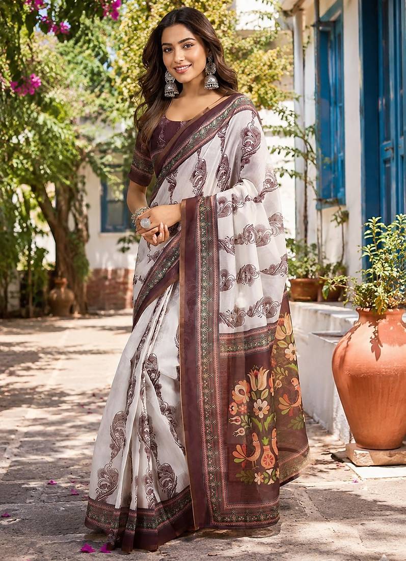 off white chanderi cotton floral jaal printed pre draped saree
