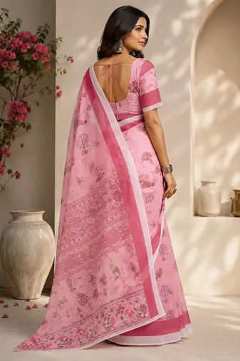 baby pink chanderi cotton floral printed ready to wear saree