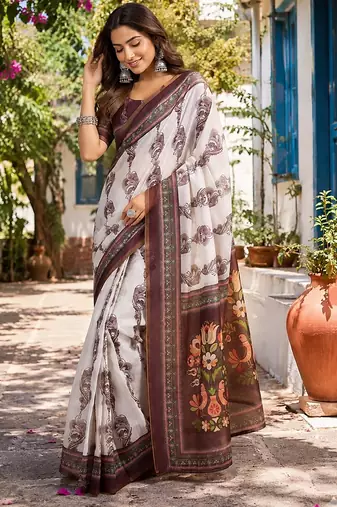 off white chanderi cotton floral jaal printed pre draped saree