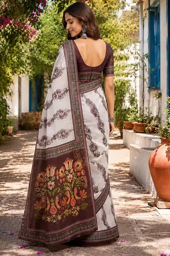 off white chanderi cotton floral jaal printed pre draped saree
