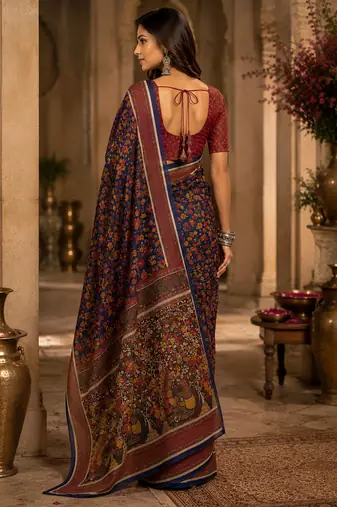 navy blue chanderi cotton kalamkari floral jaal printed pre-stitched saree