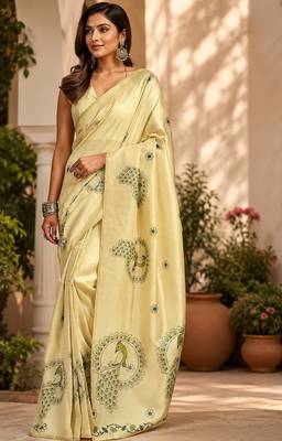 cream chanderi cotton peacock motifs printed ready to wear saree 1
