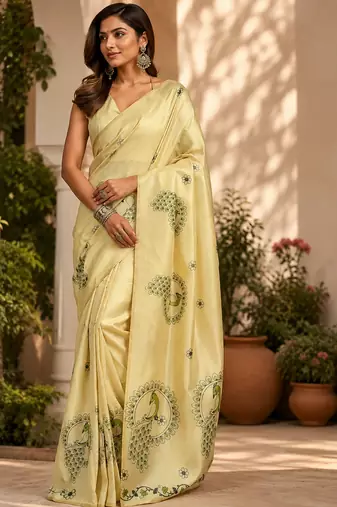 cream chanderi cotton peacock motifs printed ready to wear saree