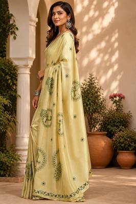 cream chanderi cotton peacock motifs printed ready to wear saree 4