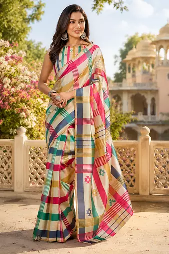 multicolor chanderi cotton checked printed pre draped saree