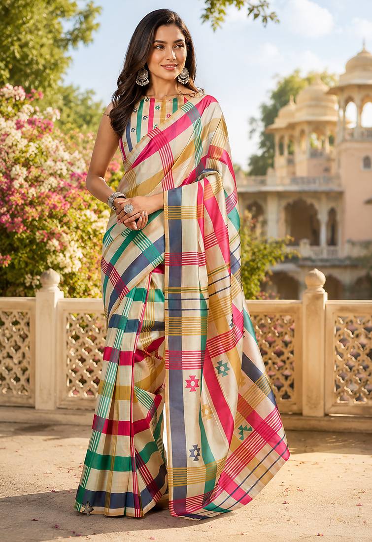 multicolor chanderi cotton checked printed pre draped saree
