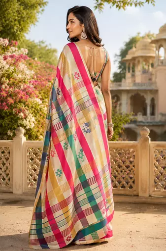 multicolor chanderi cotton checked printed pre draped saree