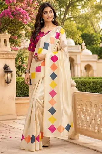 cream chanderi cotton plain printed ready made saree