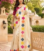 cream chanderi cotton plain printed ready made saree