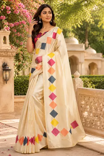 cream chanderi cotton plain printed ready made saree
