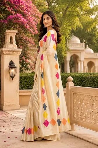cream chanderi cotton plain printed ready made saree