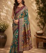 peacock green chanderi cotton floral jaal printed pre-stitched saree