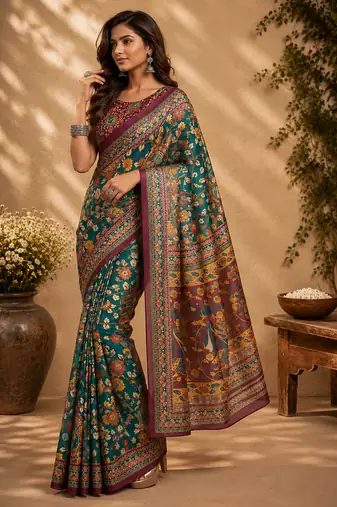 peacock green chanderi cotton floral jaal printed pre-stitched saree