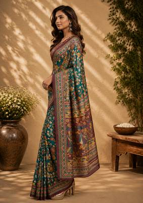 peacock green chanderi cotton floral jaal printed pre-stitched saree 3