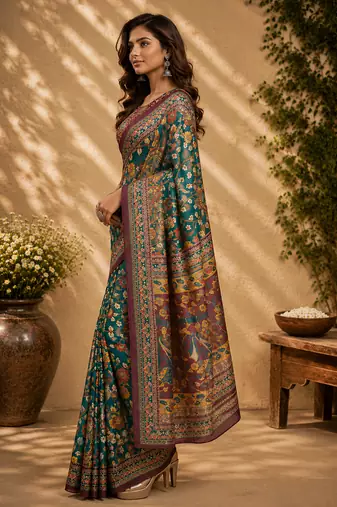 peacock green chanderi cotton floral jaal printed pre-stitched saree