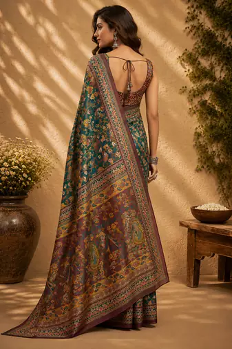 peacock green chanderi cotton floral jaal printed pre-stitched saree