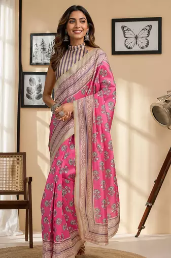 light pink chanderi cotton floral butti printed ready to wear saree