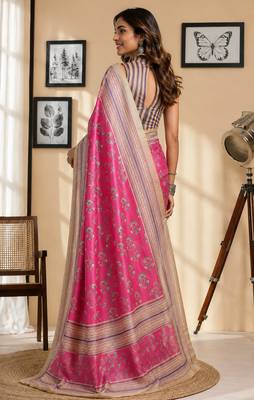 light pink chanderi cotton floral butti printed ready to wear saree 3