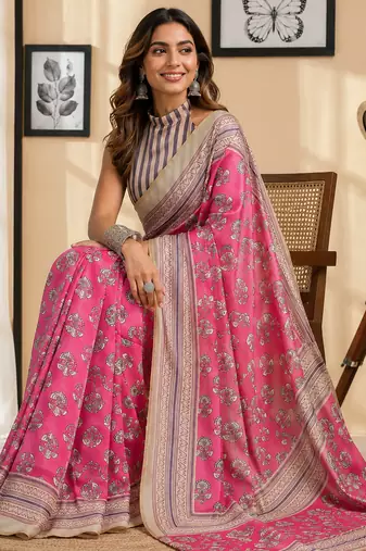 light pink chanderi cotton floral butti printed ready to wear saree