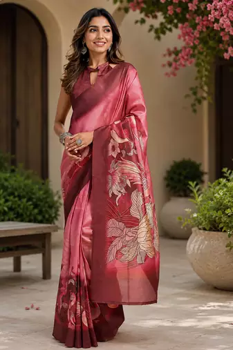onion pink chanderi cotton floral motifs printed pre draped saree