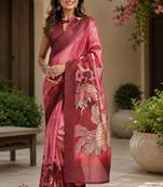 onion pink chanderi cotton floral motifs printed pre draped saree