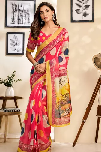 pink chanderi cotton polka dots printed ready made saree