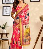 pink chanderi cotton polka dots printed ready made saree