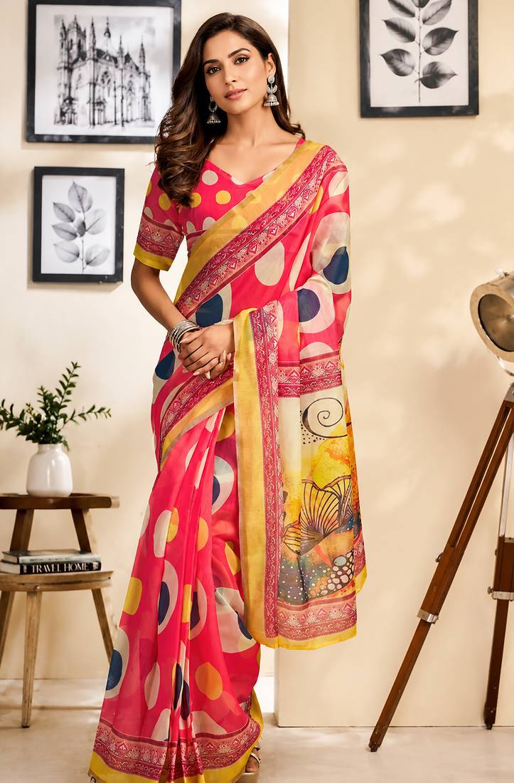 pink chanderi cotton polka dots printed ready made saree