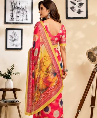 pink chanderi cotton polka dots printed ready made saree 3