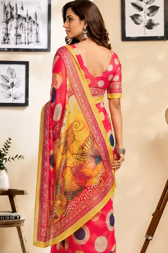pink chanderi cotton polka dots printed ready made saree