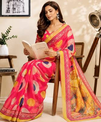 pink chanderi cotton polka dots printed ready made saree 4