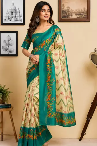 cream & rama green chanderi cotton chevron/zig-zag printed pre-stitched saree