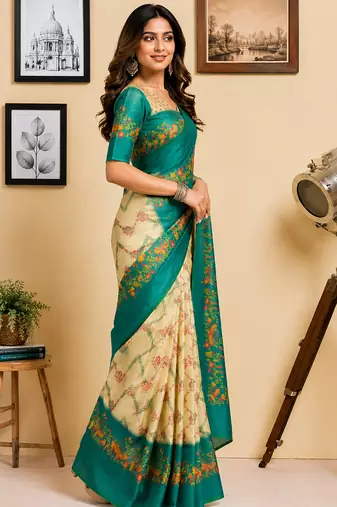 cream & rama green chanderi cotton chevron/zig-zag printed pre-stitched saree
