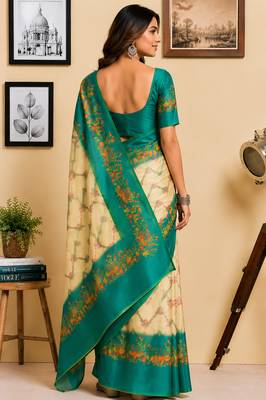 cream & rama green chanderi cotton chevron/zig-zag printed pre-stitched saree 3