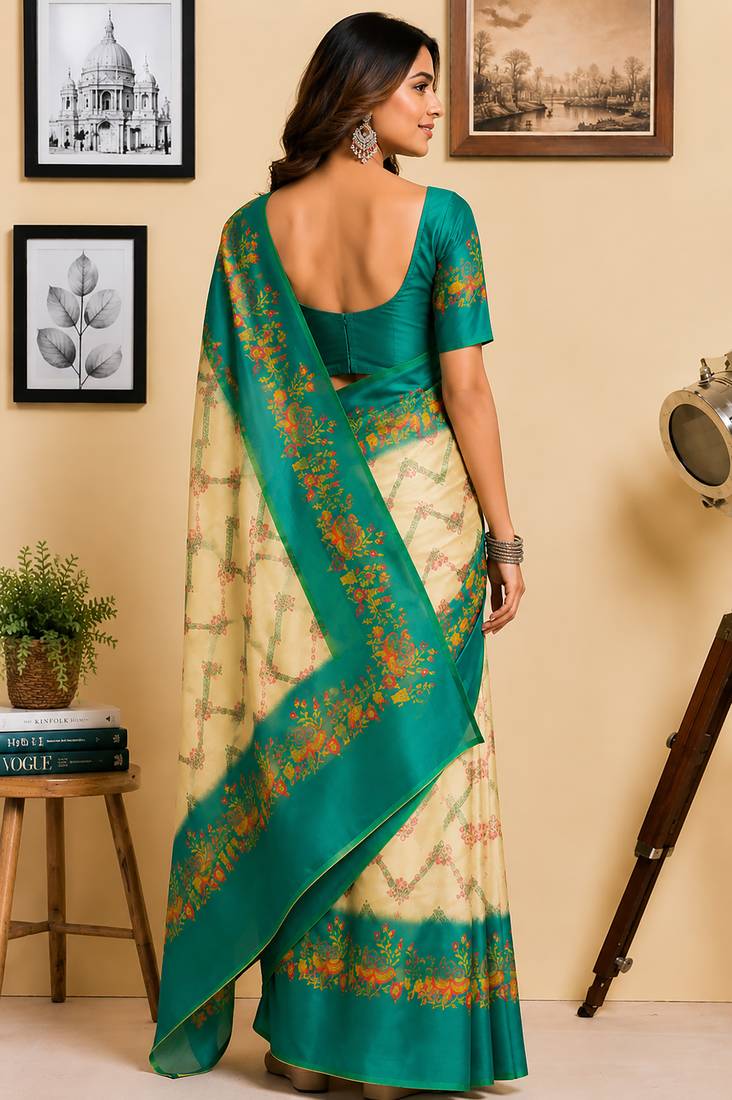 cream & rama green chanderi cotton chevron/zig-zag printed pre-stitched saree