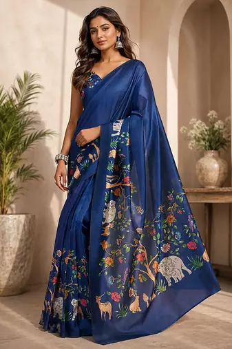 navy blue chanderi cotton kalamkari printed ready to wear saree