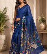 navy blue chanderi cotton kalamkari printed ready to wear saree
