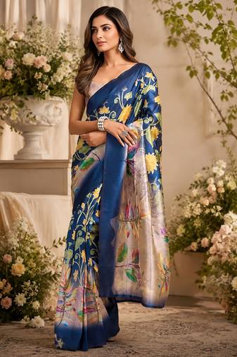 navy blue chanderi cotton multicolor floral printed pre draped saree