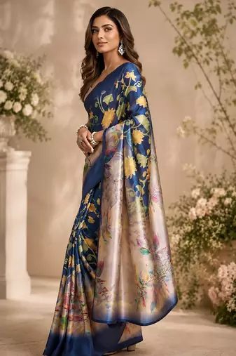 navy blue chanderi cotton multicolor floral printed pre draped saree