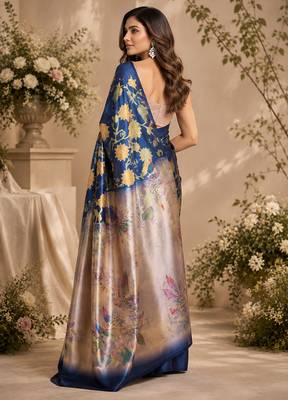 navy blue chanderi cotton multicolor floral printed pre draped saree 3