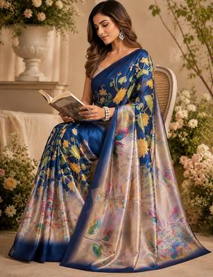 navy blue chanderi cotton multicolor floral printed pre draped saree 4