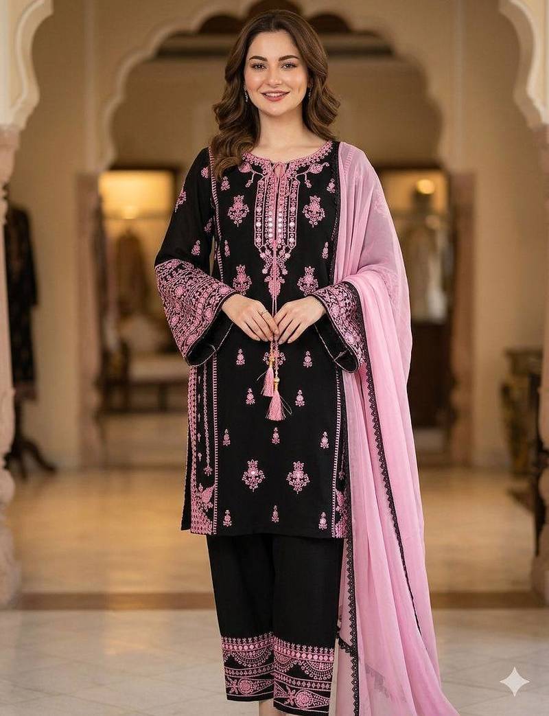 Designer rayon embroidered plazzo suit set with mirror effect work