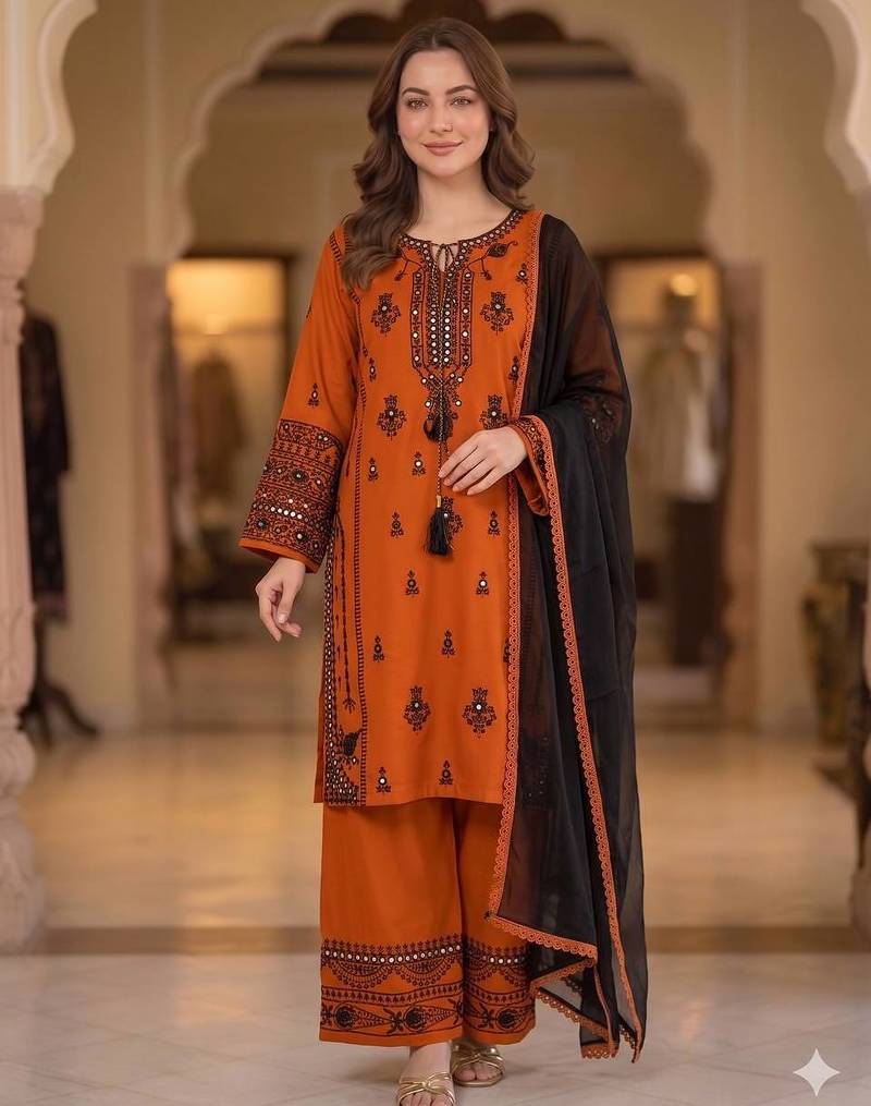 Designer rayon embroidered plazzo suit set with mirror effect work
