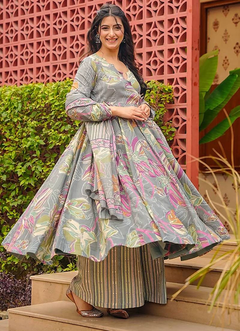 Grey heavy digital printed pure maslin salwar-kameez
