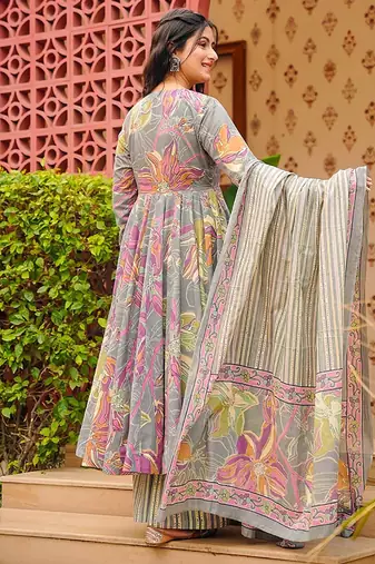 Grey heavy digital printed pure maslin salwar-kameez