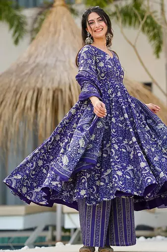 Blue heavy digital printed pure maslin salwar-kameez